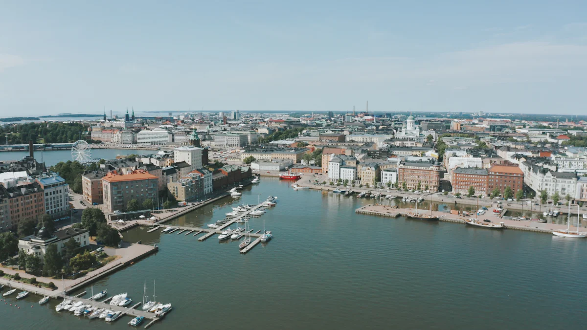 Helsinki from the air, with the Cathedral dome and the waterfront marinas